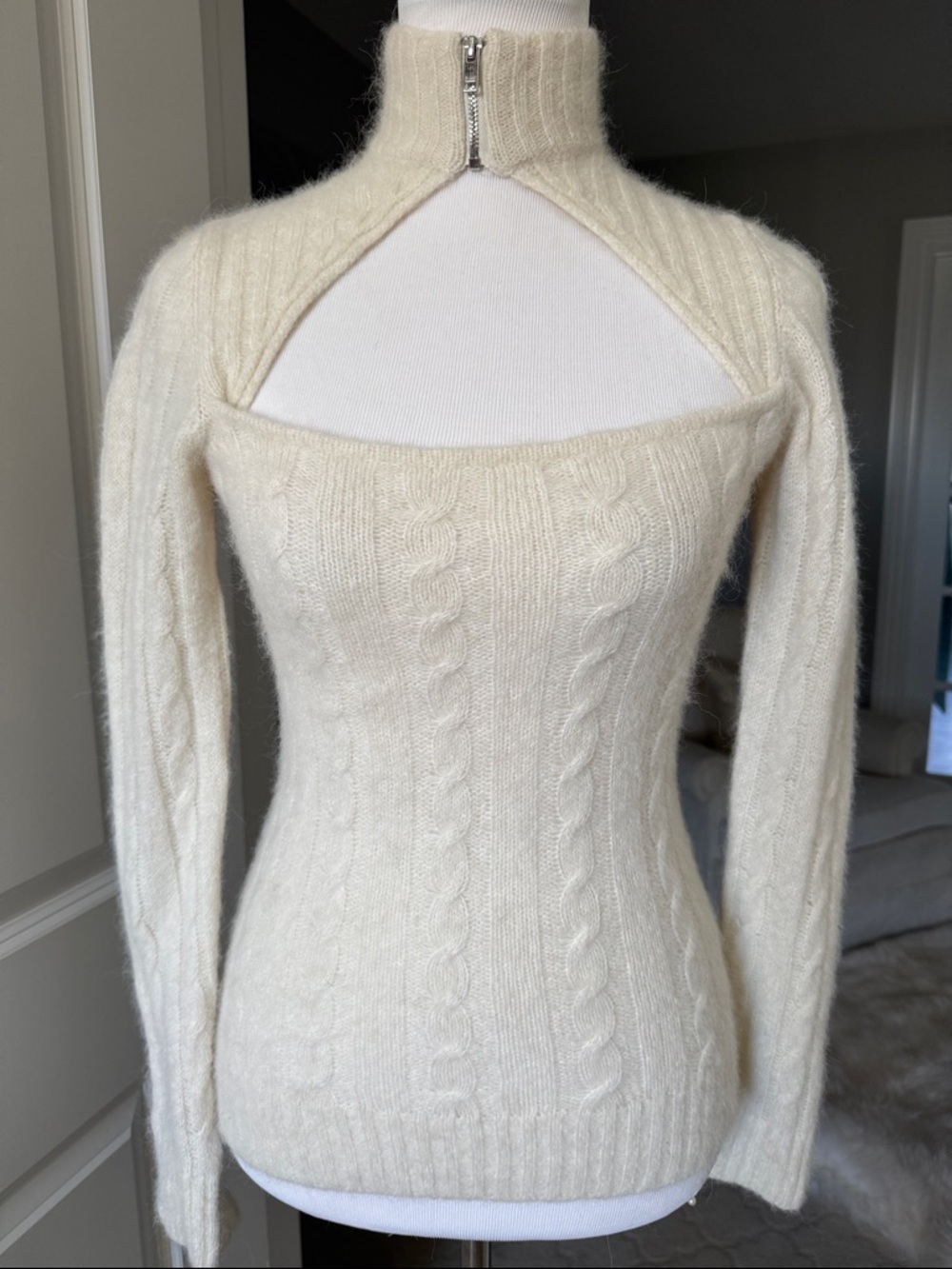 GANNI Italy Ivory Mock Neck Zip Sexy Cable-Knit Sweater 50% Alpaca Blend XS
